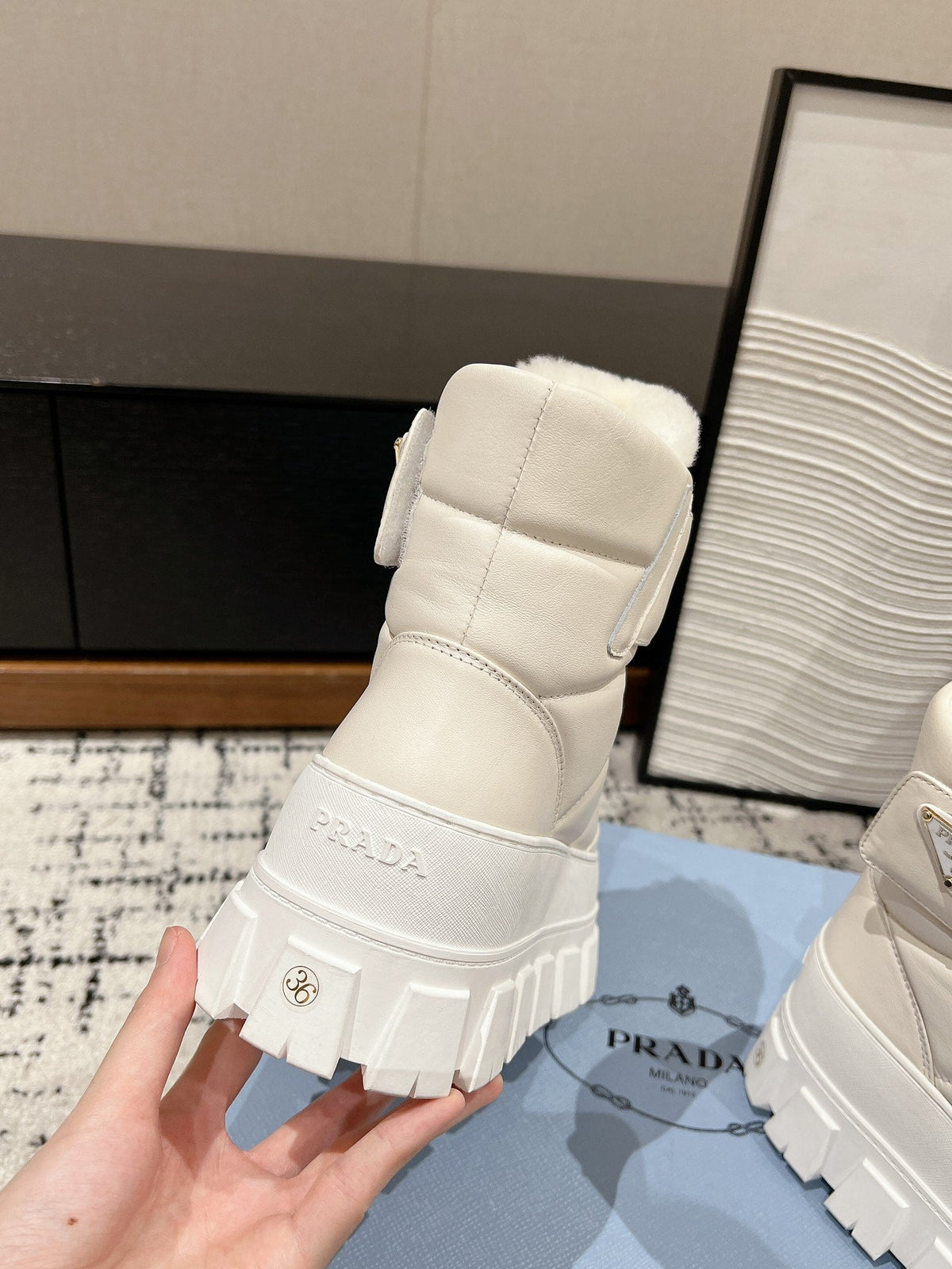 MONOLITH ANKLE BOOTS WITH STRAP IN RICE WHITE CALFSKIN AND FLEECE LINING