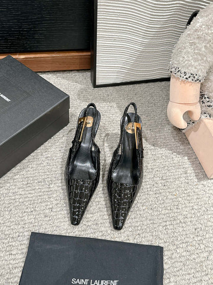 LEE SLINGBACK MID PUMPS IN BLACK CROCODILE SHINY CALFSKIN