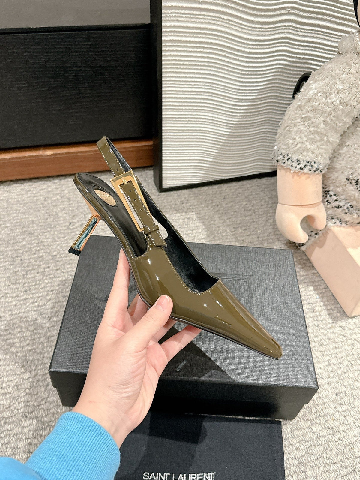LEE SLINGBACK MID PUMPS IN ARMY GREEN SHINY CALFSKIN