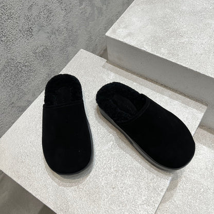 SNAP SLIPPER IN BLACK SUEDE AND SHEARLING LINING