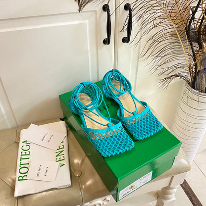 STRETCH LACE-UP FLAT SANDAL IN CERULEAN BLUE METALLIZED MESH AND LEATHER