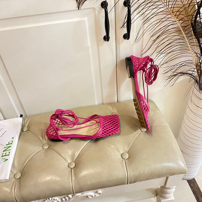 STRETCH LACE-UP FLAT SANDAL IN BRIGHT PINK METALLIZED MESH AND LEATHER