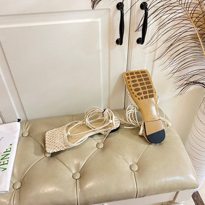 STRETCH LACE-UP FLAT SANDAL IN WHITE CREAM METALLIZED MESH AND LEATHER