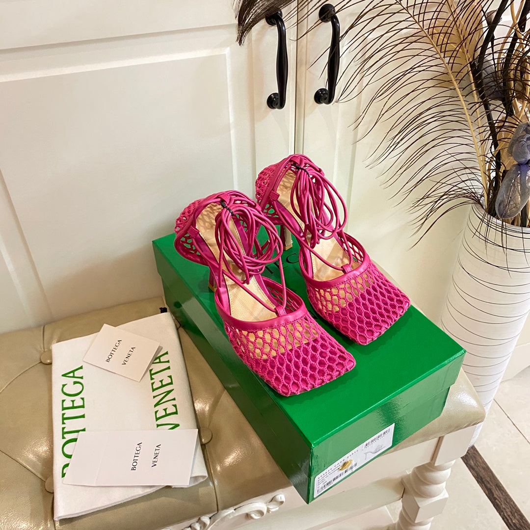 STRETCH LACE-UP SANDAL IN BRIGHT PINK METALLIZED MESH AND LEATHER 9 CM