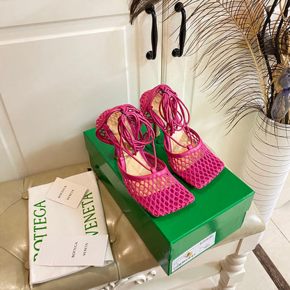 STRETCH LACE-UP SANDAL IN BRIGHT PINK METALLIZED MESH AND LEATHER 9 CM