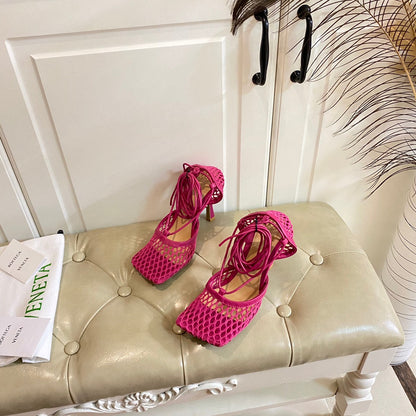 STRETCH LACE-UP SANDAL IN BRIGHT PINK METALLIZED MESH AND LEATHER 9 CM
