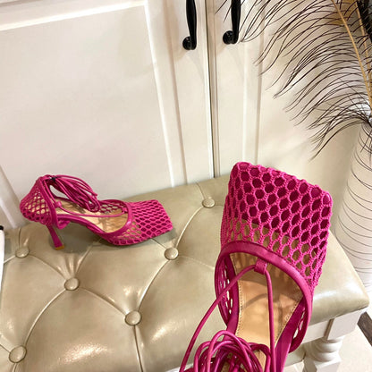STRETCH LACE-UP SANDAL IN BRIGHT PINK METALLIZED MESH AND LEATHER 9 CM