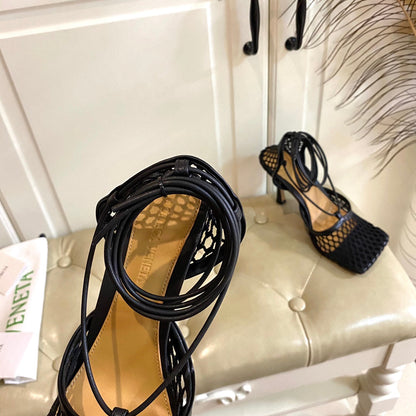 STRETCH LACE-UP SANDAL IN BLACK METALLIZED MESH AND LEATHER 9 CM