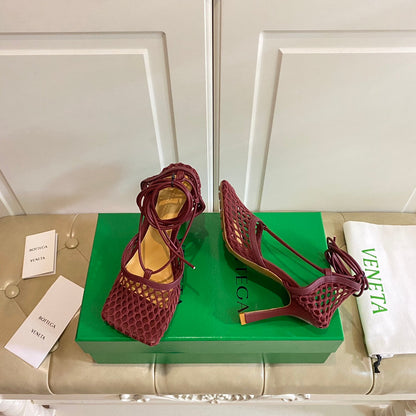 STRETCH LACE-UP SANDAL IN WINE RED METALLIZED MESH AND LEATHER 9 CM