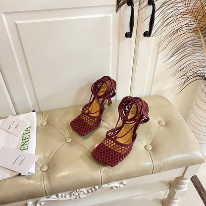 STRETCH LACE-UP SANDAL IN WINE RED METALLIZED MESH AND LEATHER 9 CM