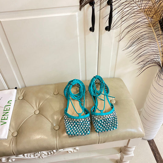 LACE-UP FLAT SANDAL IN CERULEAN BLUE METALLIZED MESH AND LEATHER WITH RHINSTONES