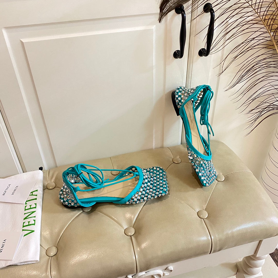 LACE-UP FLAT SANDAL IN CERULEAN BLUE METALLIZED MESH AND LEATHER WITH RHINSTONES