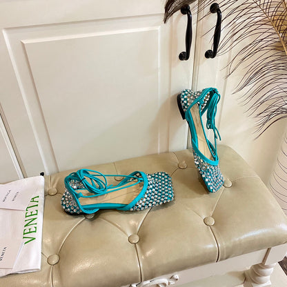 LACE-UP FLAT SANDAL IN CERULEAN BLUE METALLIZED MESH AND LEATHER WITH RHINSTONES