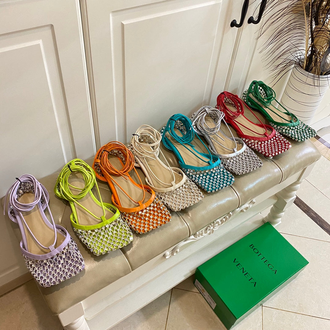 LACE-UP FLAT SANDAL IN CERULEAN BLUE METALLIZED MESH AND LEATHER WITH RHINSTONES