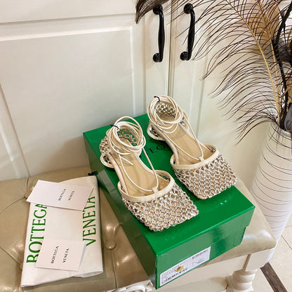 LACE-UP FLAT SANDAL IN WHITE CREAM METALLIZED MESH AND LEATHER WITH RHINSTONES