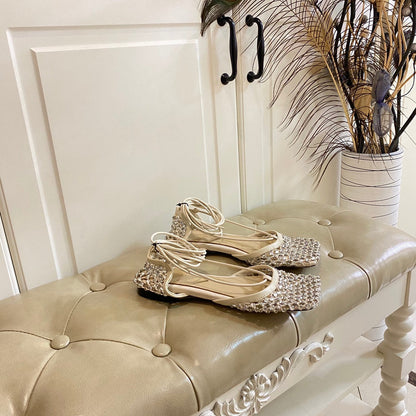 LACE-UP FLAT SANDAL IN WHITE CREAM METALLIZED MESH AND LEATHER WITH RHINSTONES