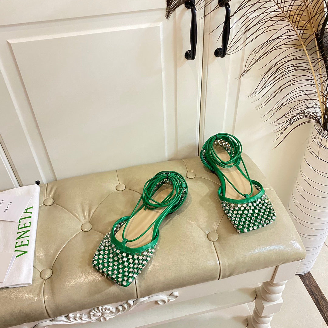 LACE-UP FLAT SANDAL IN COOL GREEN METALLIZED MESH AND LEATHER WITH RHINSTONES