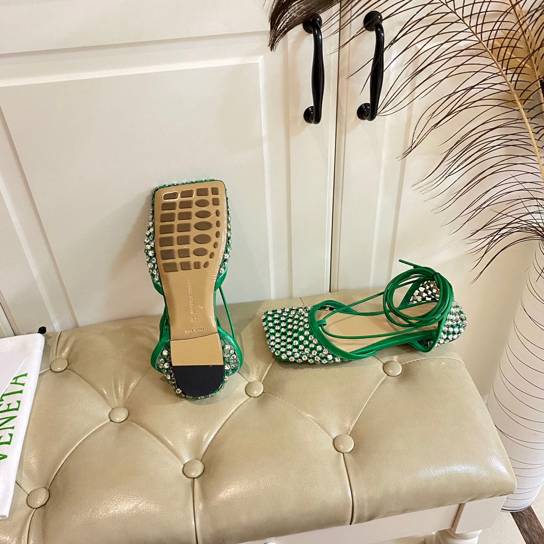 LACE-UP FLAT SANDAL IN COOL GREEN METALLIZED MESH AND LEATHER WITH RHINSTONES
