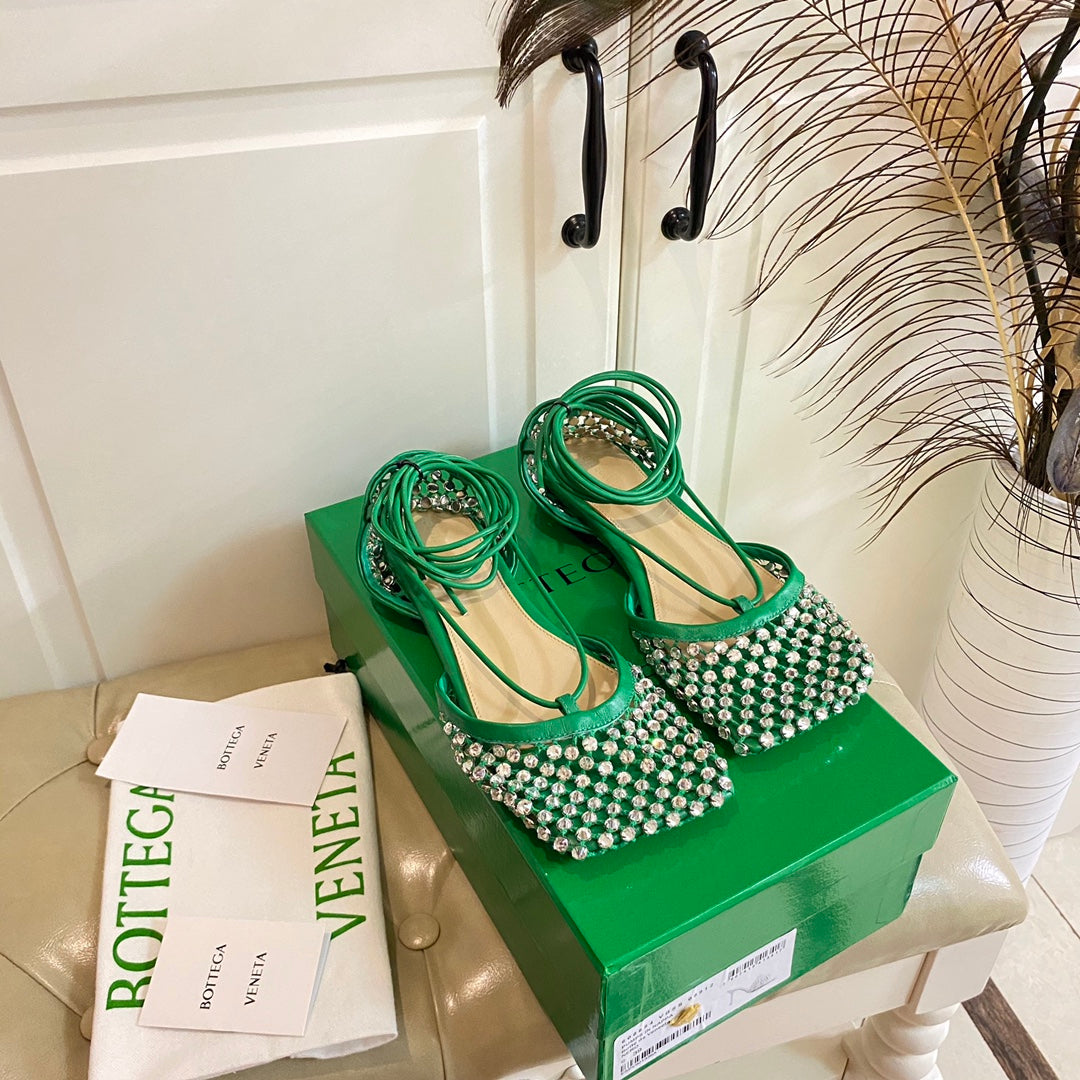 LACE-UP FLAT SANDAL IN COOL GREEN METALLIZED MESH AND LEATHER WITH RHINSTONES