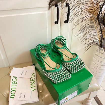LACE-UP FLAT SANDAL IN COOL GREEN METALLIZED MESH AND LEATHER WITH RHINSTONES