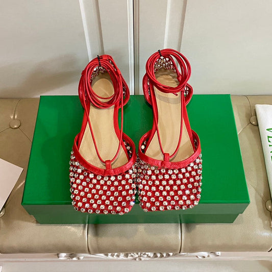 LACE-UP FLAT SANDAL IN RUBY RED METALLIZED MESH AND LEATHER WITH RHINSTONES