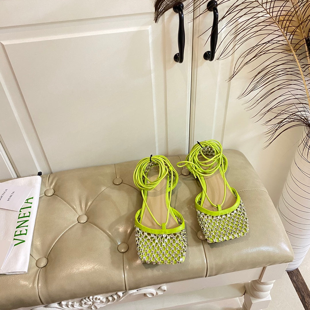 LACE-UP FLAT SANDAL IN NEON YELLOW METALLIZED MESH AND LEATHER WITH RHINSTONES