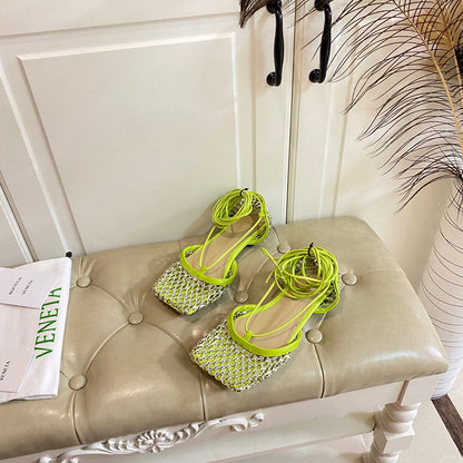 LACE-UP FLAT SANDAL IN NEON YELLOW METALLIZED MESH AND LEATHER WITH RHINSTONES