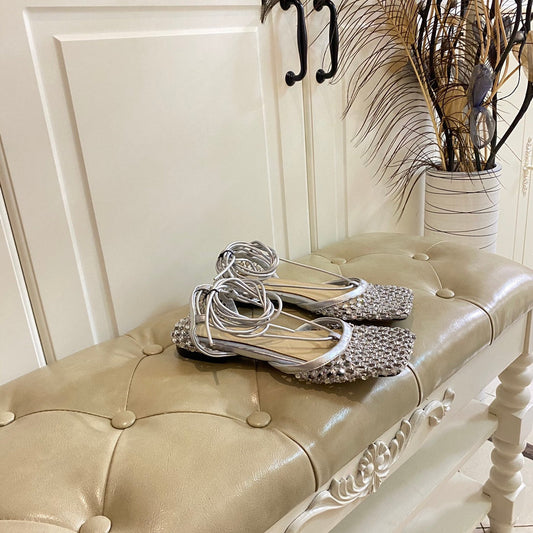 LACE-UP FLAT SANDAL IN SILVER METALLIZED MESH AND LEATHER WITH RHINSTONES