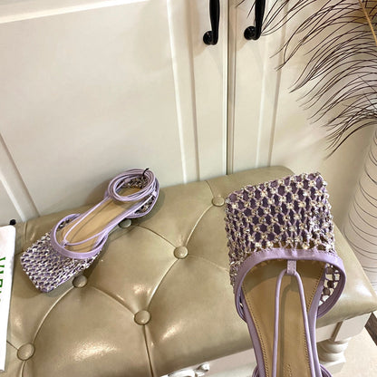 LACE-UP FLAT SANDAL IN LIGHT PURPLE METALLIZED MESH AND LEATHER WITH RHINSTONES