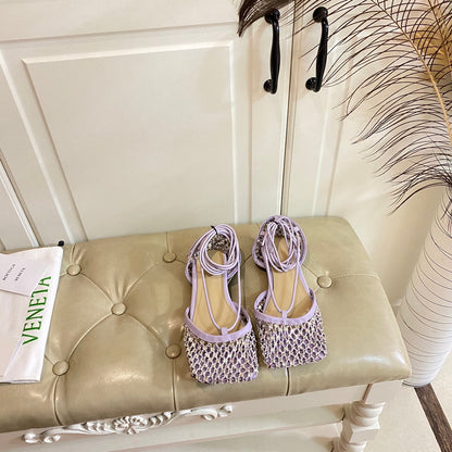 LACE-UP FLAT SANDAL IN LIGHT PURPLE METALLIZED MESH AND LEATHER WITH RHINSTONES
