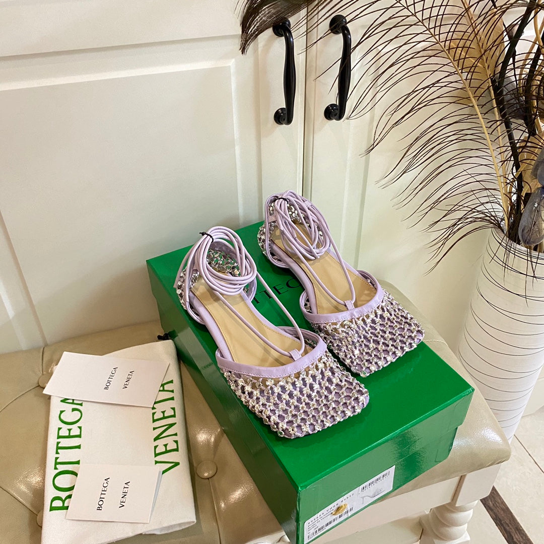 LACE-UP FLAT SANDAL IN LIGHT PURPLE METALLIZED MESH AND LEATHER WITH RHINSTONES