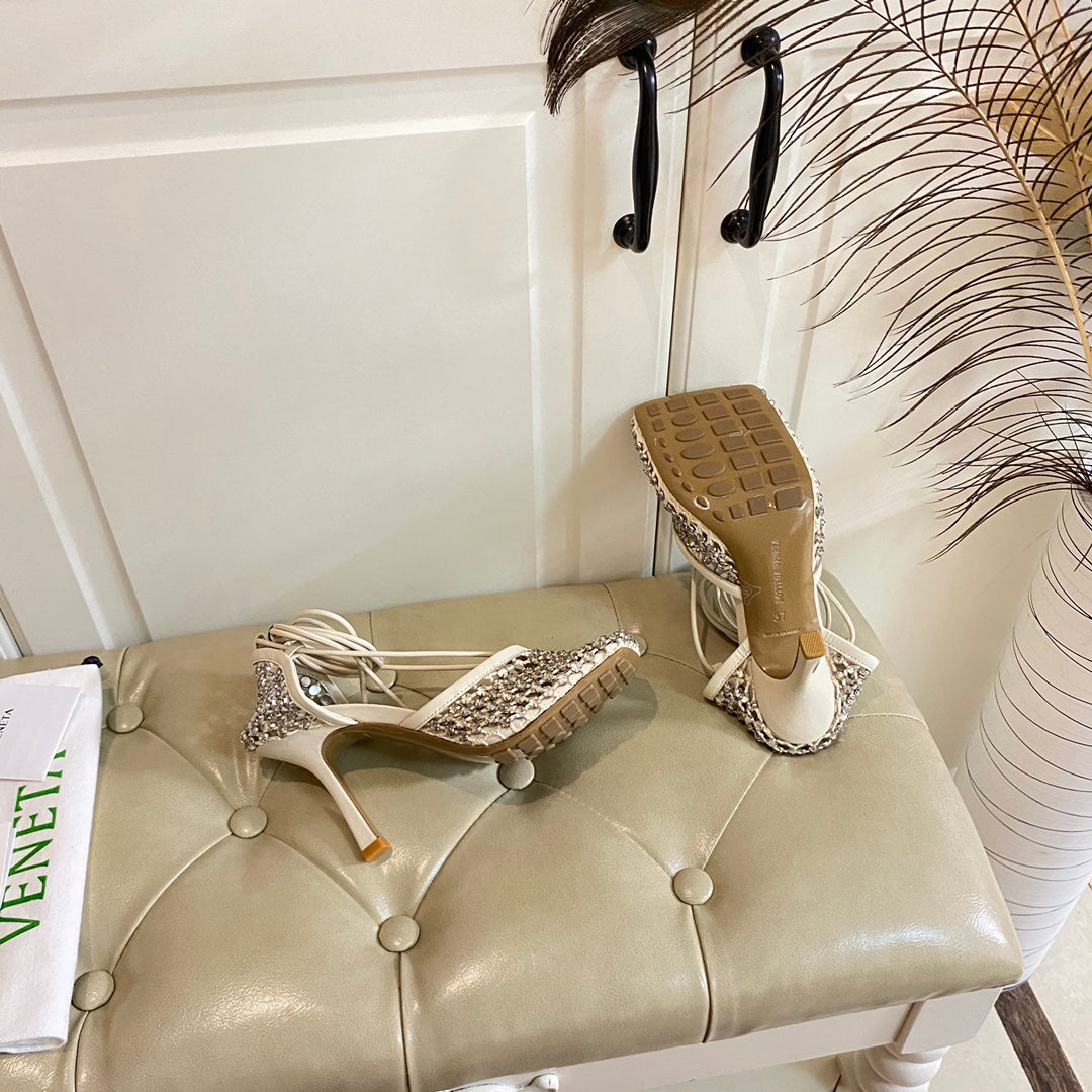 LACE-UP SANDAL IN WHITE CREAM METALLIZED MESH AND LEATHER WITH RHINSTONES 9 CM