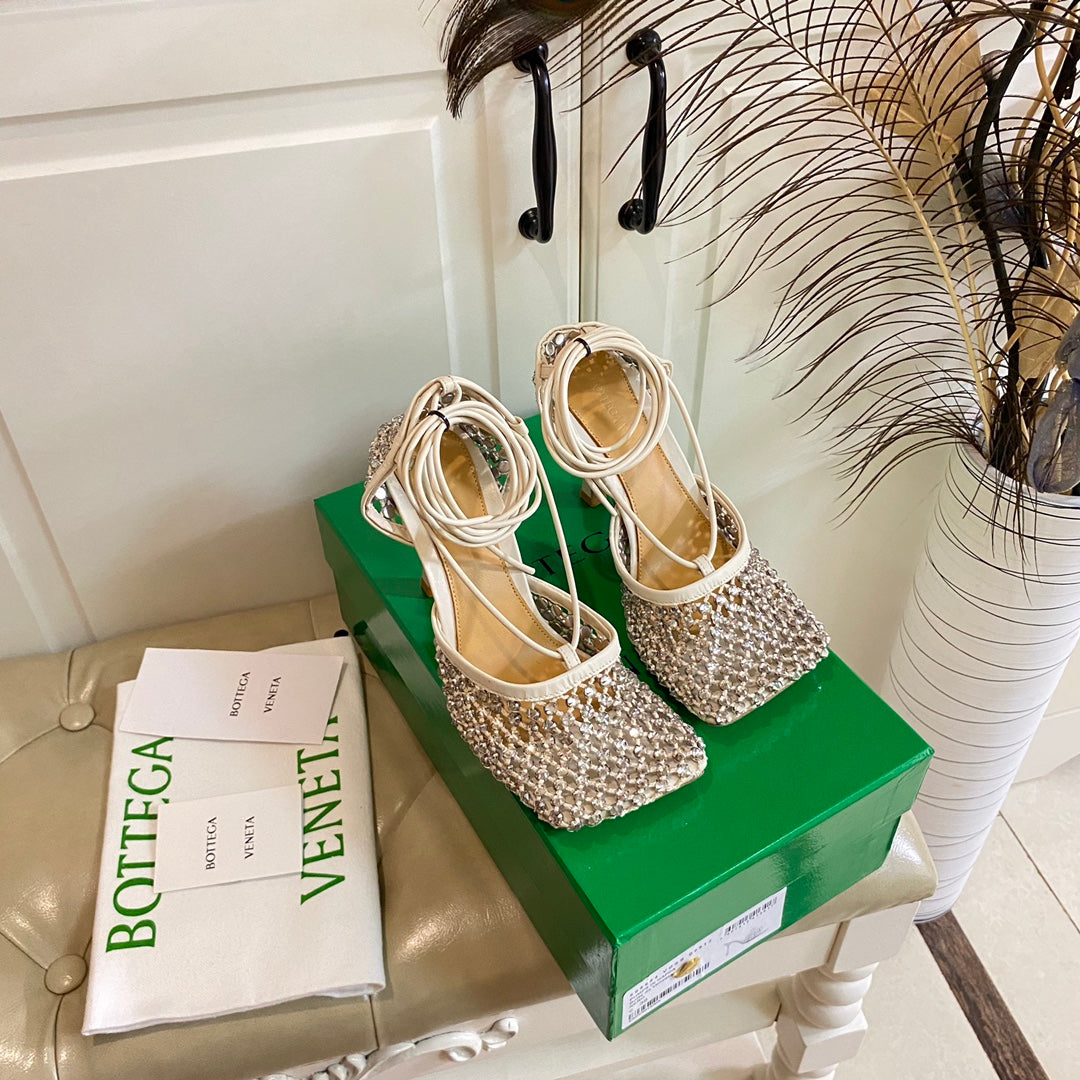 LACE-UP SANDAL IN WHITE CREAM METALLIZED MESH AND LEATHER WITH RHINSTONES 9 CM