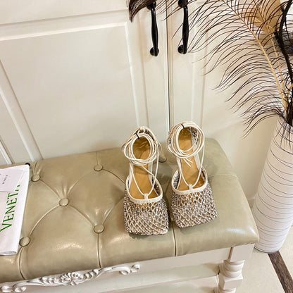 LACE-UP SANDAL IN WHITE CREAM METALLIZED MESH AND LEATHER WITH RHINSTONES 9 CM