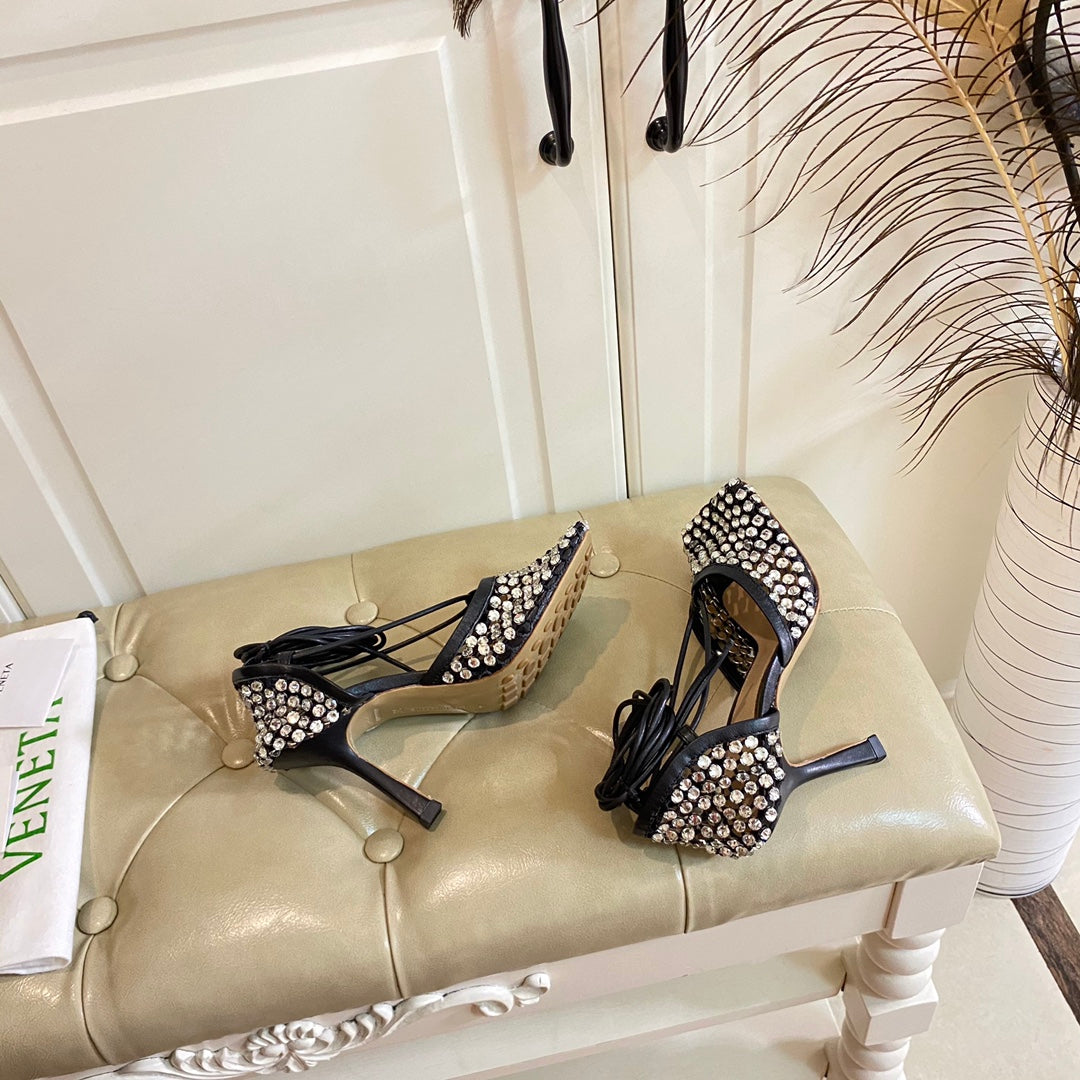 LACE-UP SANDAL IN BLACK METALLIZED MESH AND LEATHER WITH RHINSTONES 9 CM