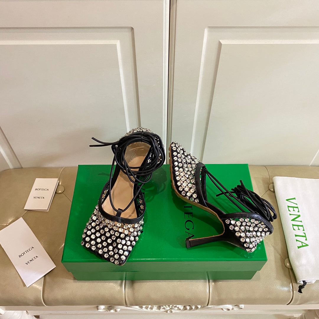 LACE-UP SANDAL IN BLACK METALLIZED MESH AND LEATHER WITH RHINSTONES 9 CM