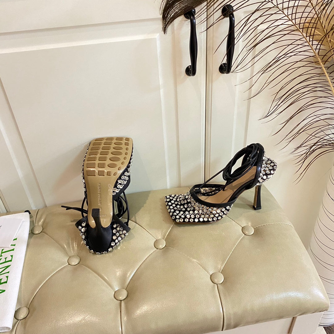 LACE-UP SANDAL IN BLACK METALLIZED MESH AND LEATHER WITH RHINSTONES 9 CM