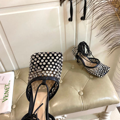 LACE-UP SANDAL IN BLACK METALLIZED MESH AND LEATHER WITH RHINSTONES 9 CM