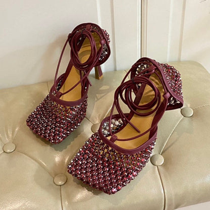 LACE-UP SANDAL IN SANGRIA RED METALLIZED MESH AND LEATHER WITH RHINSTONES 9 CM