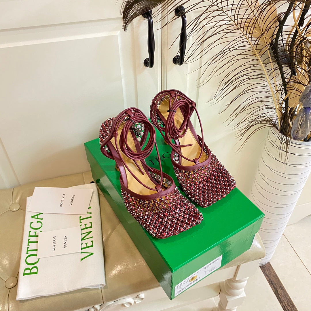 LACE-UP SANDAL IN SANGRIA RED METALLIZED MESH AND LEATHER WITH RHINSTONES 9 CM
