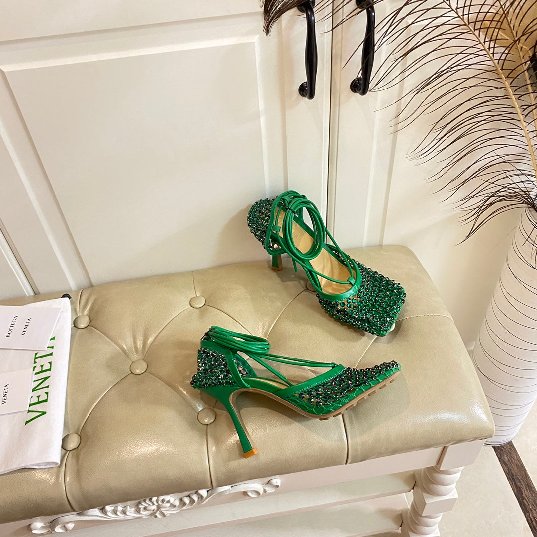 LACE-UP SANDAL IN COOL GREEN METALLIZED MESH AND LEATHER WITH RHINSTONES 9 CM