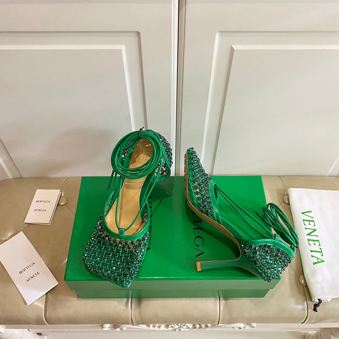 LACE-UP SANDAL IN COOL GREEN METALLIZED MESH AND LEATHER WITH RHINSTONES 9 CM