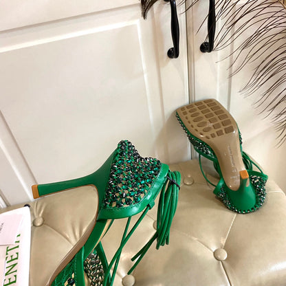 LACE-UP SANDAL IN COOL GREEN METALLIZED MESH AND LEATHER WITH RHINSTONES 9 CM
