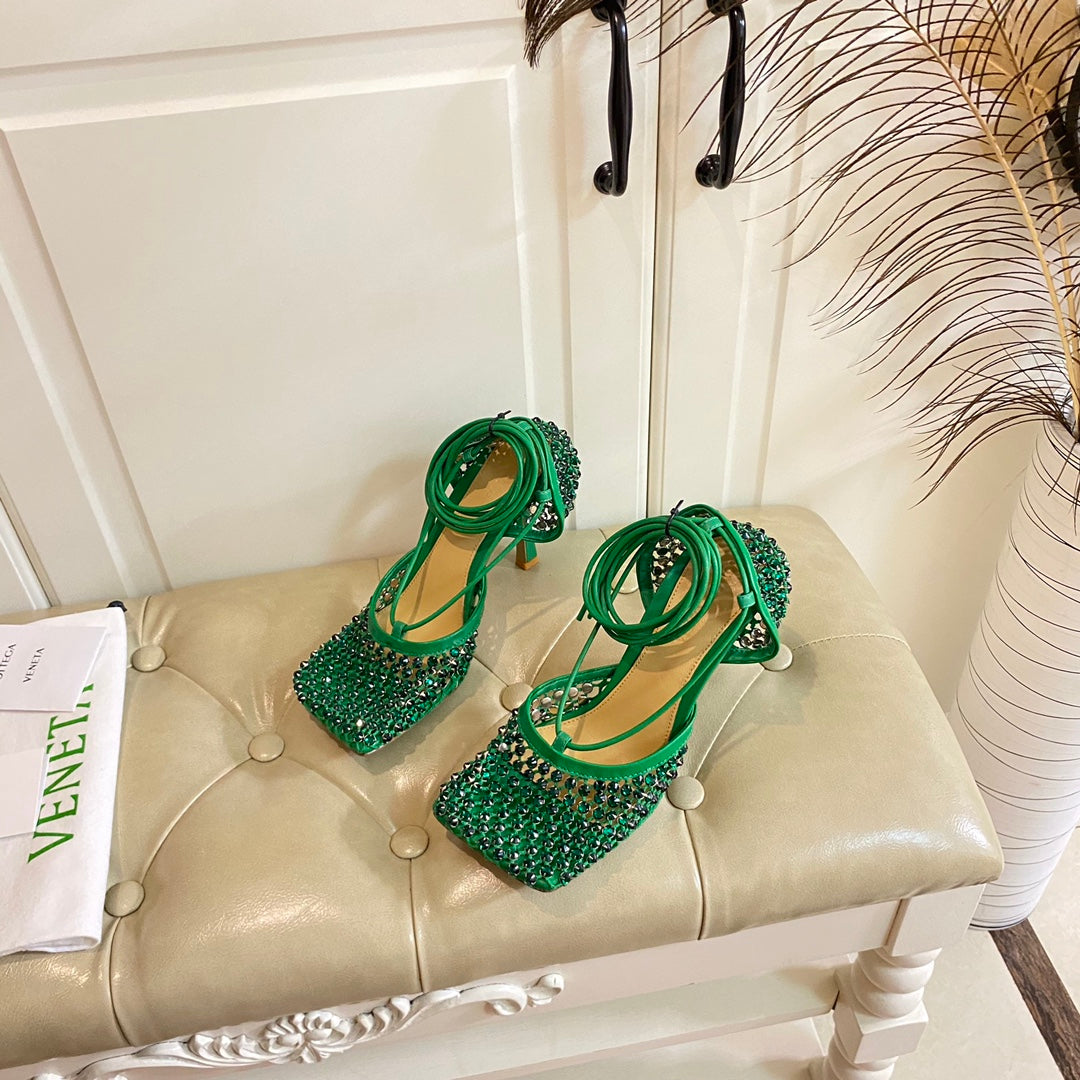 LACE-UP SANDAL IN COOL GREEN METALLIZED MESH AND LEATHER WITH RHINSTONES 9 CM