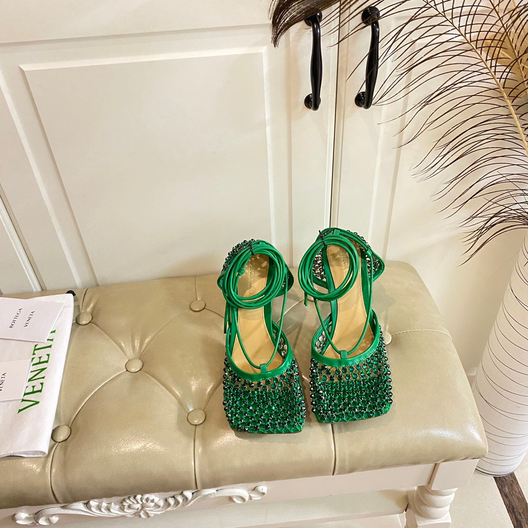 LACE-UP SANDAL IN COOL GREEN METALLIZED MESH AND LEATHER WITH RHINSTONES 9 CM