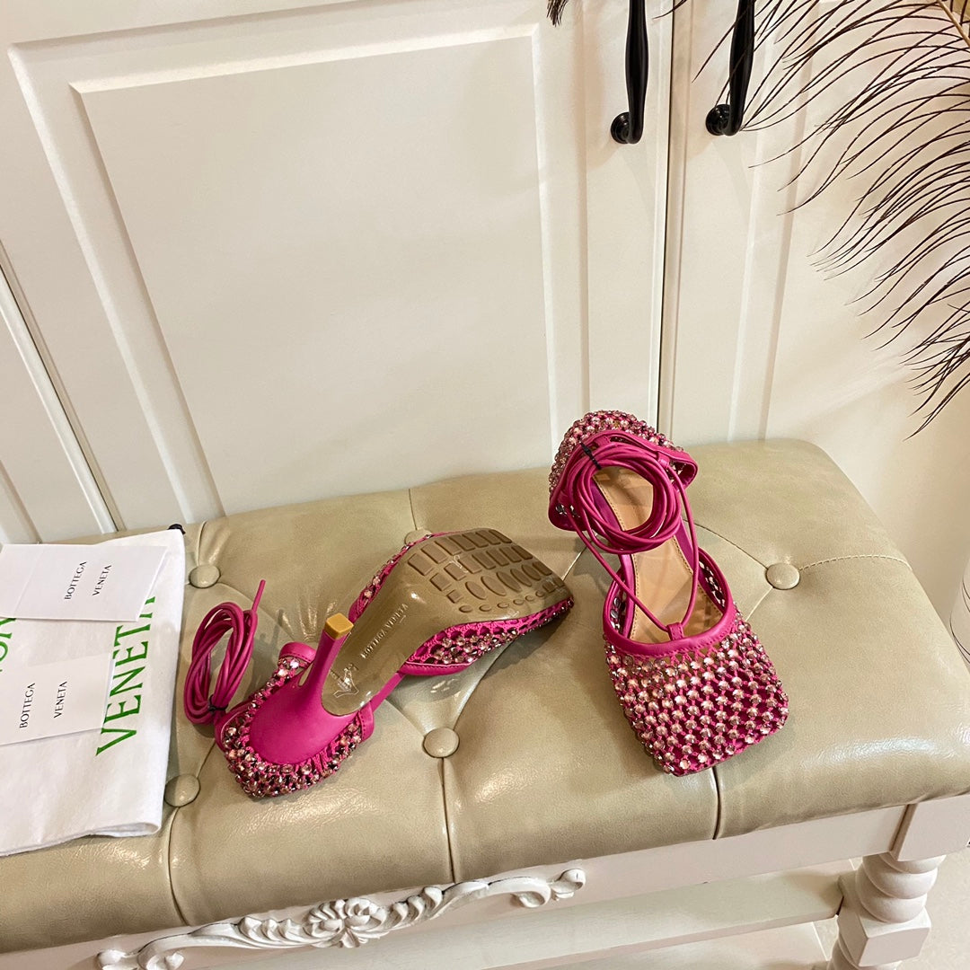 LACE-UP SANDAL IN PUNCH PINK METALLIZED MESH AND LEATHER WITH RHINSTONES 9 CM