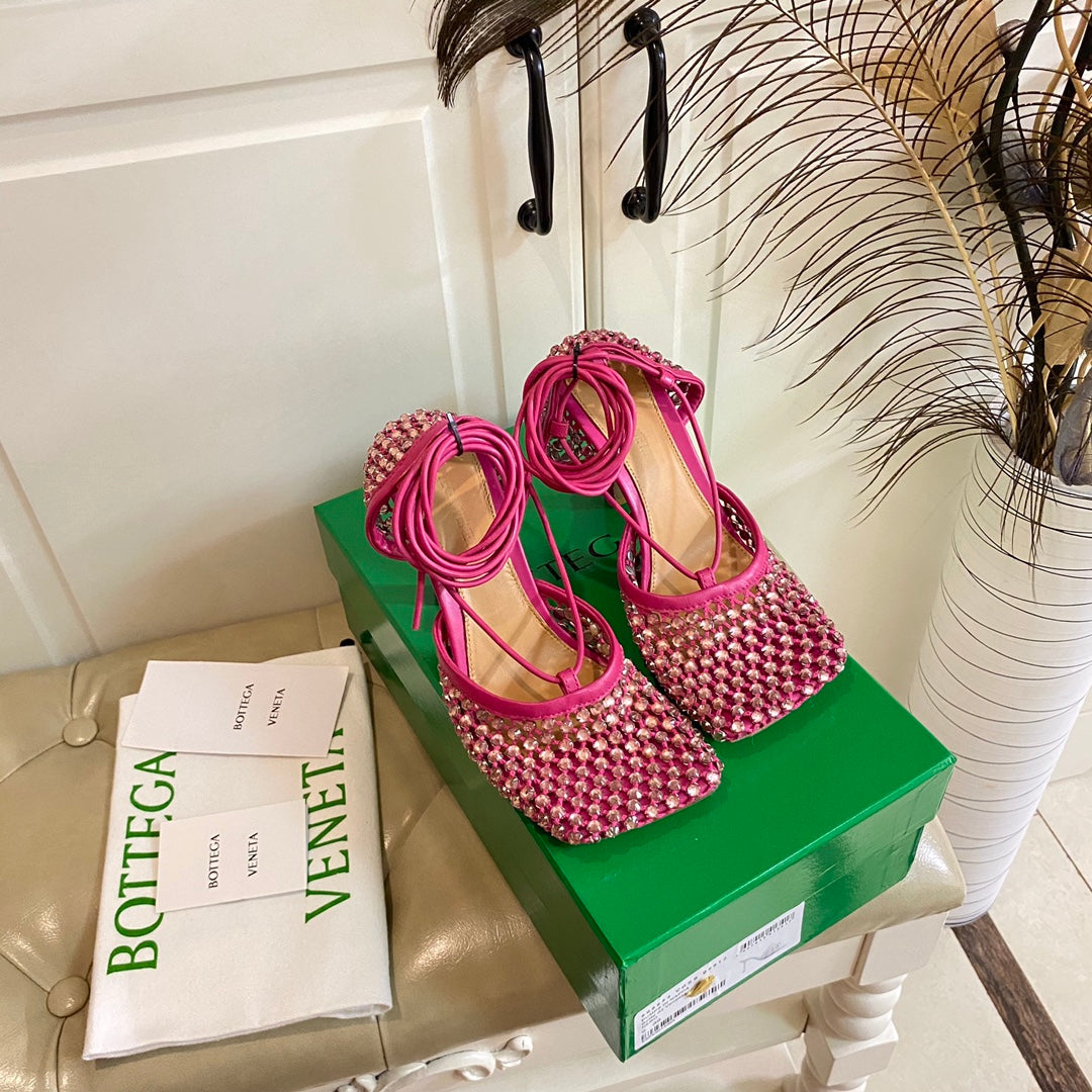 LACE-UP SANDAL IN PUNCH PINK METALLIZED MESH AND LEATHER WITH RHINSTONES 9 CM