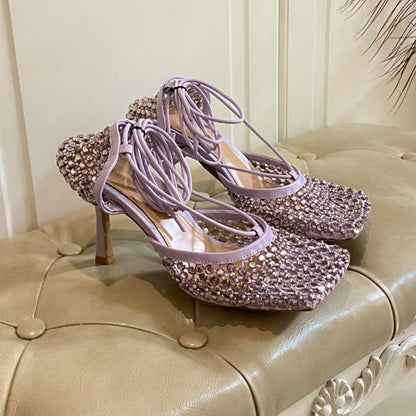 LACE-UP SANDAL IN LIGHT PURPLE METALLIZED MESH AND LEATHER WITH RHINSTONES 9 CM