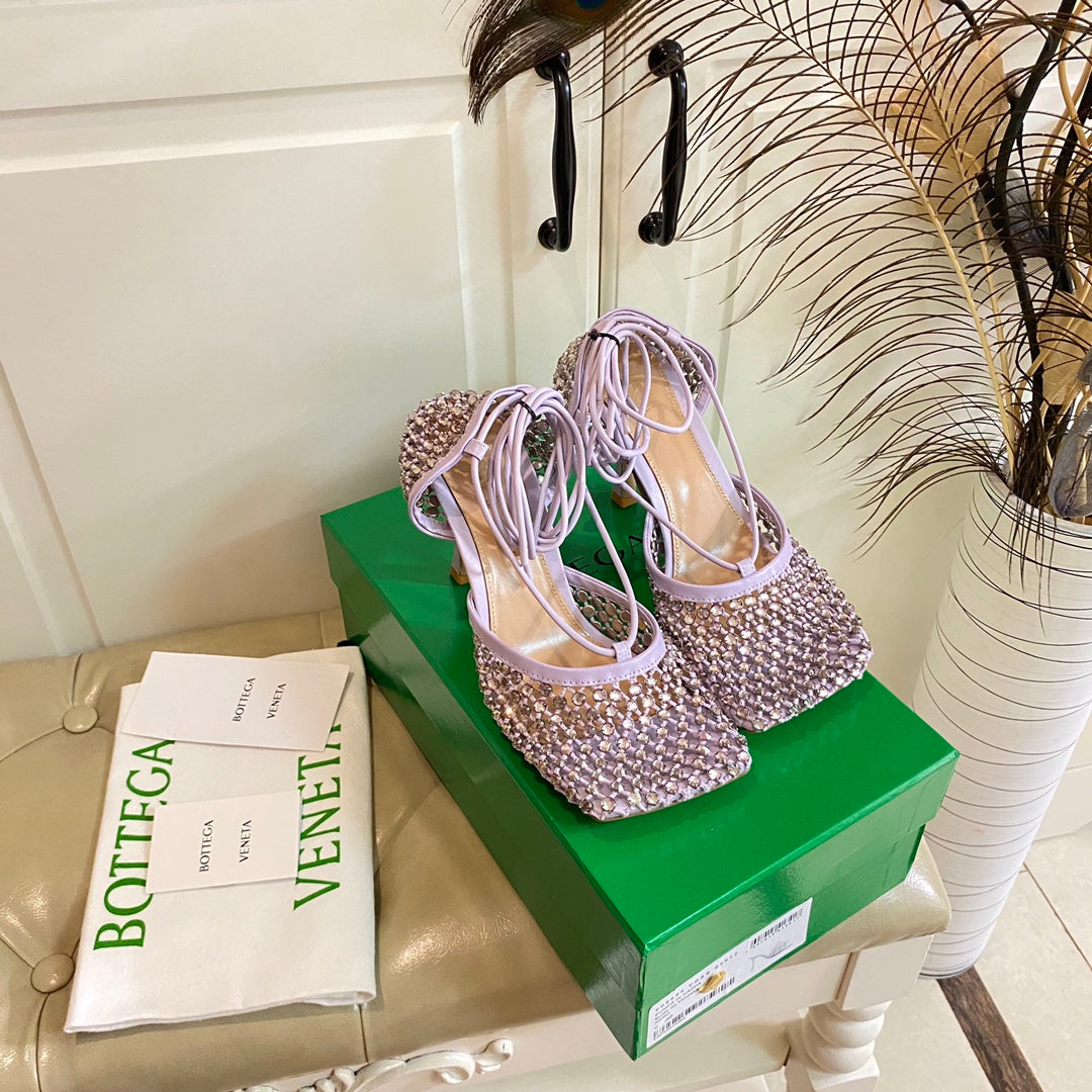 LACE-UP SANDAL IN LIGHT PURPLE METALLIZED MESH AND LEATHER WITH RHINSTONES 9 CM