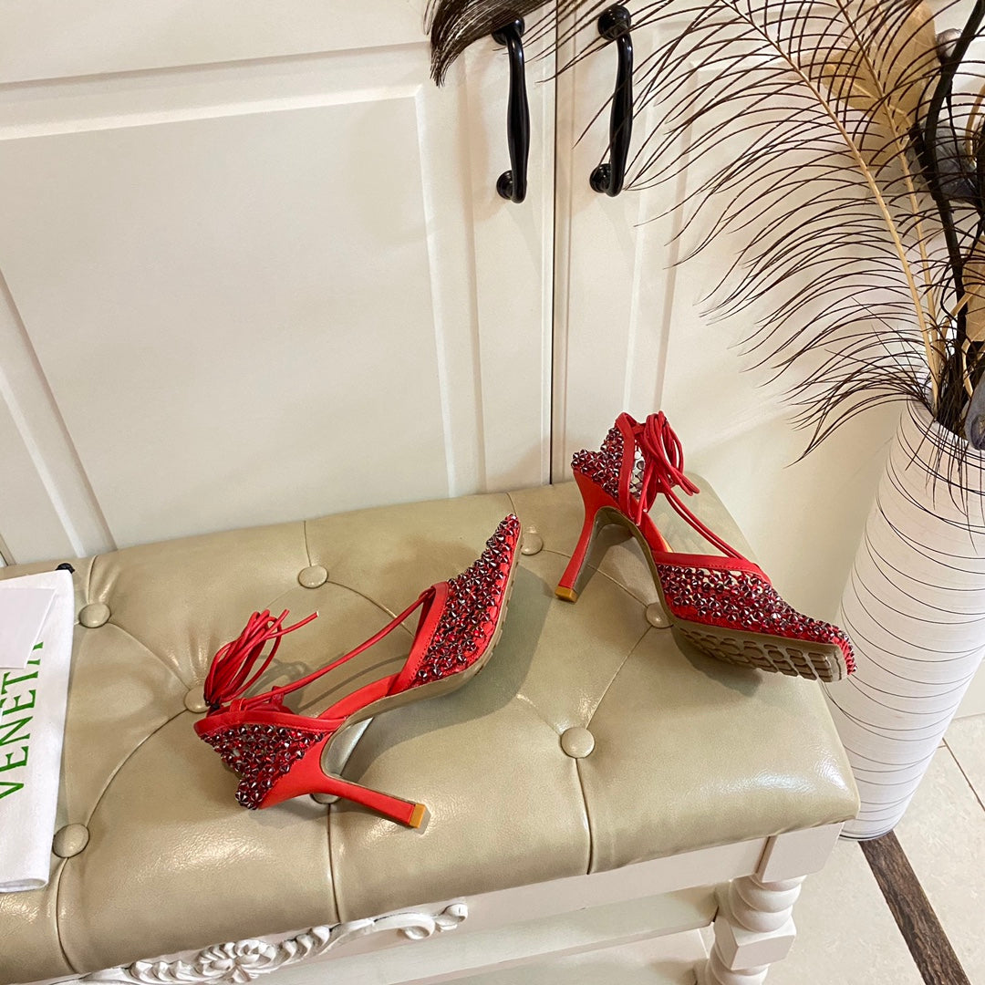 LACE-UP SANDAL IN CRIMSON RED METALLIZED MESH AND LEATHER WITH RHINSTONES 9 CM